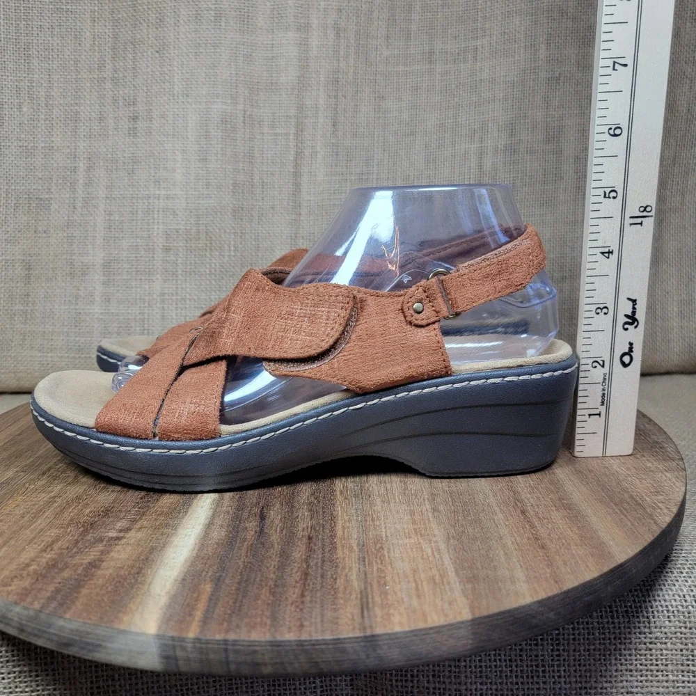 Clarks Merliah Echo Wedge Sandals Rust Brown Textile Straps Women's‎ 9 Comfort